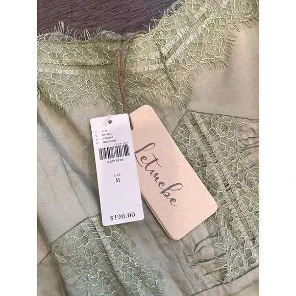 NWT Letmebe Anthropologie Sage Green Lace Trim Corset Midi Slip Dress Size M